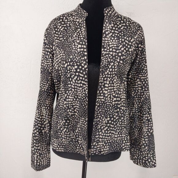 Chico's Animal Print Zip Front Jacket Red Satin Owl Graphic Lining Size 0 Small - Picture 1 of 8